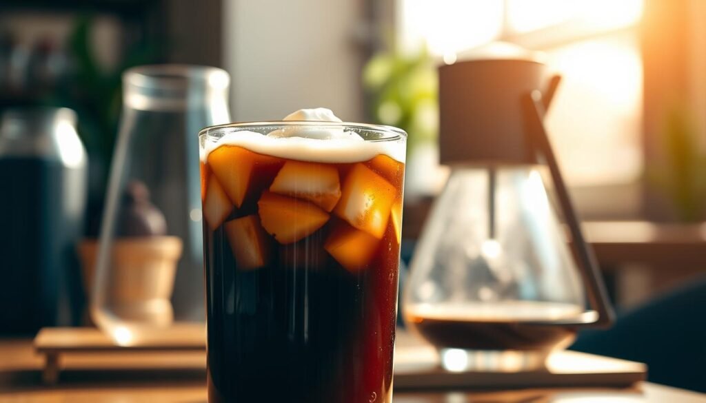A refreshing glass of cold brew coffee sits prominently in the foreground, filled with dark, rich liquid and adorned with a swirl of silky cream. Ice cubes glint in the sunlight, casting gentle reflections on the glass. In the middle ground, an elegant coffee-making setup featuring a sleek cold brew tower showcases the brewing process, with droplets forming on the glass decanter. The background reveals a cozy café setting, softly blurred, with hints of wooden textures and greenery, enhancing the inviting atmosphere. Warm, diffused light streams in from a nearby window, creating a calm and tranquil ambiance that highlights the smoothness of the beverage. The composition captures the essence of cold brew coffee, inviting the viewer to explore its unique characteristics and taste.