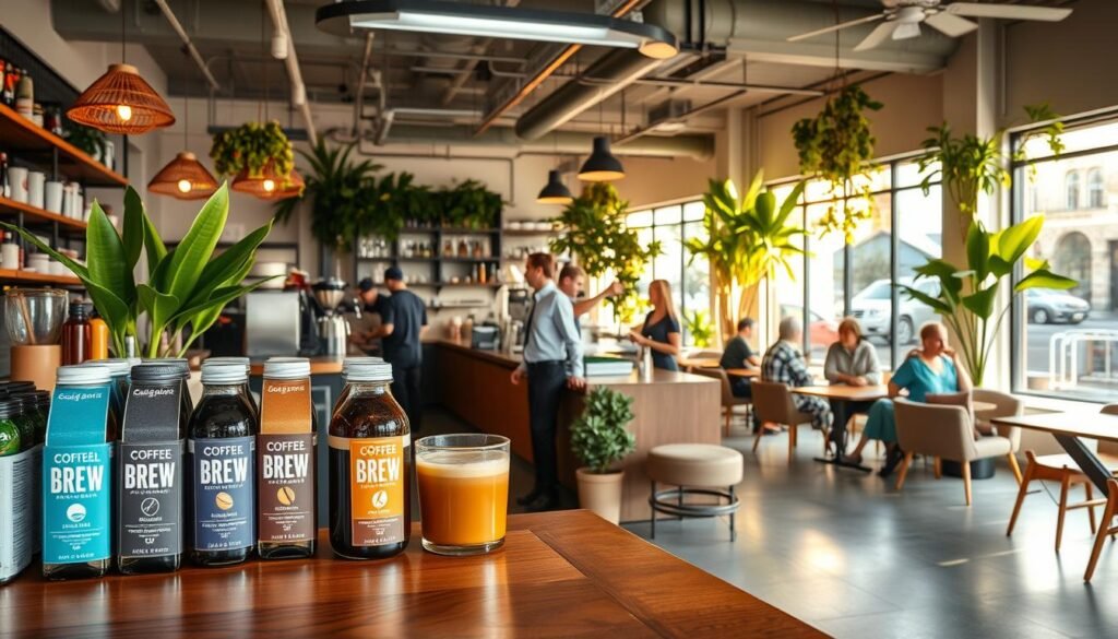 A stylish coffee shop interior in Walnut Creek, showcasing a vibrant cold brew coffee display. In the foreground, a polished wooden counter features an array of artisanal cold brew options, with unique flavor labels like vanilla, hazelnut, and seasonal blends. The middle ground includes baristas, dressed in casual yet professional attire, expertly preparing and serving beverages to customers seated at cozy, modern furnishings. A background filled with lush potted plants and large windows allowing warm, golden sunlight to filter in, creating a welcoming and relaxed atmosphere. The scene conveys a lively, yet tranquil vibe typical of the East Bay coffee culture, with subtle hints of urban sophistication. Capture this image with a wide-angle lens for depth, highlighting the inviting ambiance.
