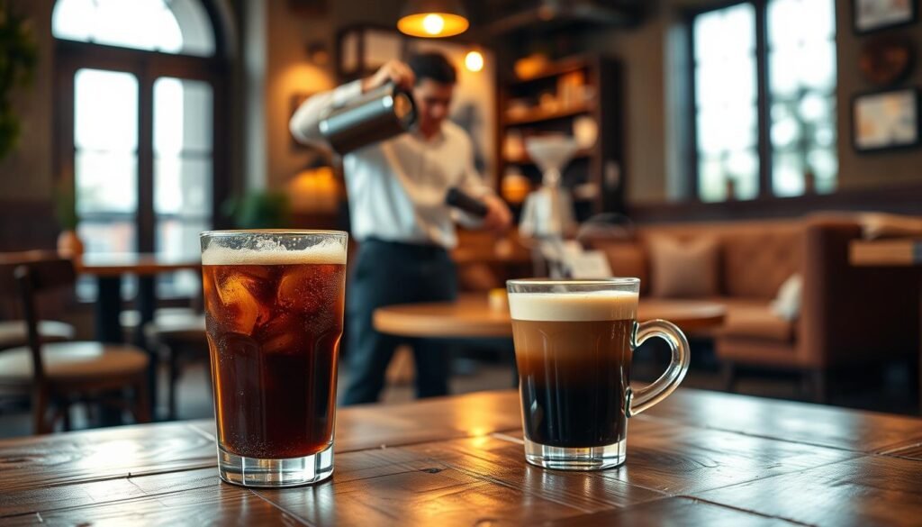 A stylish coffee shop interior with a warm, inviting atmosphere. In the foreground, a perfectly brewed glass of cold brew coffee sits on a rustic wooden table, glistening with condensation. A subtle swirl of steam is rising from a nearby cup of hot coffee, elegantly placed beside it. In the middle ground, a barista expertly pouring cold brew from a large glass pitcher, showcasing the smooth texture of the beverage. The background features cozy seating arrangements with soft lighting, emphasizing a relaxed environment. The scene captures the contrasting temperatures of both coffee types, evoking a sense of choice and lifestyle. The image is well-lit, with soft shadows, creating an inviting mood for coffee lovers. Use a slightly elevated angle to provide a comprehensive view of the setup, highlighting both drinks harmoniously.