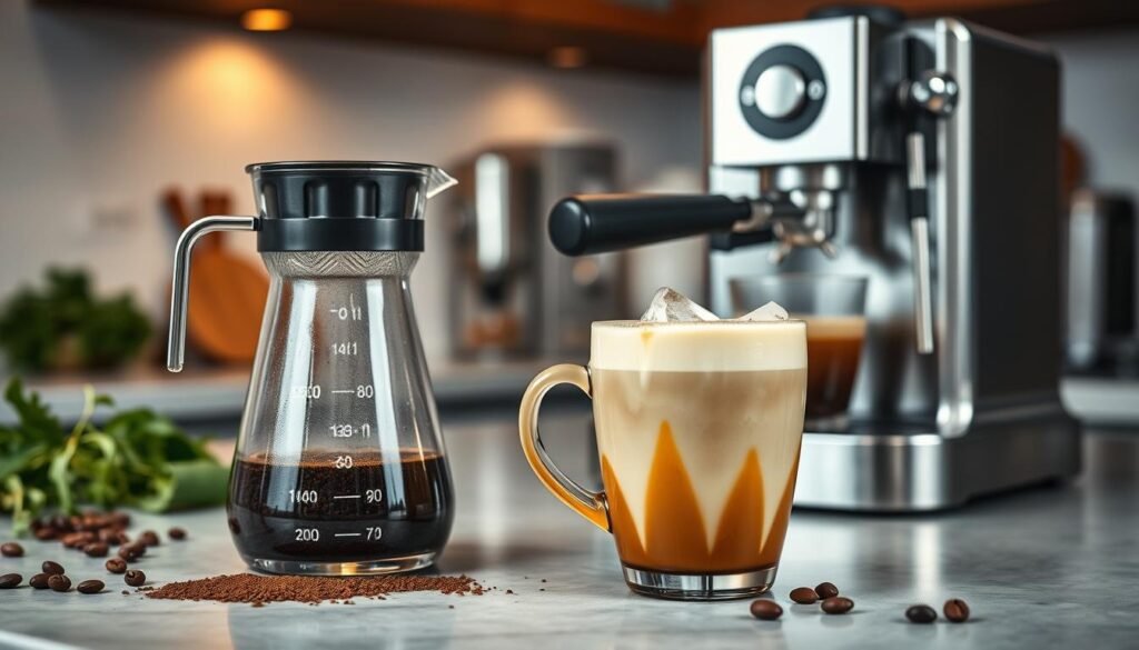A stylish kitchen countertop showcasing two distinct brewing methods for coffee. In the foreground, a sleek glass cold brew coffee maker with coarsely ground coffee and cold water, gently mixing. Beside it, an elegant stainless steel espresso machine, producing a shot of rich espresso for the iced latte. In the middle, a vibrant ceramic cup filled with ice and milk, ready for brewing. The background features soft ambient kitchen lighting with herbs and coffee beans arranged artistically, creating a warm and inviting atmosphere. The scene is captured with a slight overhead angle, emphasizing the textures of the coffee grounds and the creamy finish of the iced latte. The overall mood is cozy and artisanal, perfect for coffee lovers.