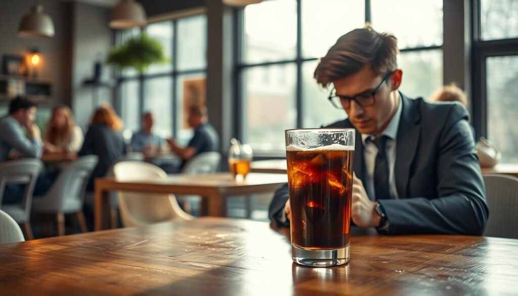 A stylized image depicting the notion of "cold brew anxiety." In the foreground, a glass of cold brew coffee rests on a wooden table, condensation glistening on the surface. Perched near the glass, a worried young professional in smart casual attire furrows their brows, fingers tapping nervously on the table. The middle ground features a slightly blurred coffee shop setting, complete with patrons enjoying their drinks but appearing distracted. In the background, large windows let in soft, diffused sunlight, casting gentle shadows and creating a warm yet anxious atmosphere. The overall mood is tense yet subtle, highlighting the juxtaposition between the enjoyment of cold brew coffee and the heightened sense of anxiety. A shallow depth of field emphasizes the glass of cold brew as the focal point.