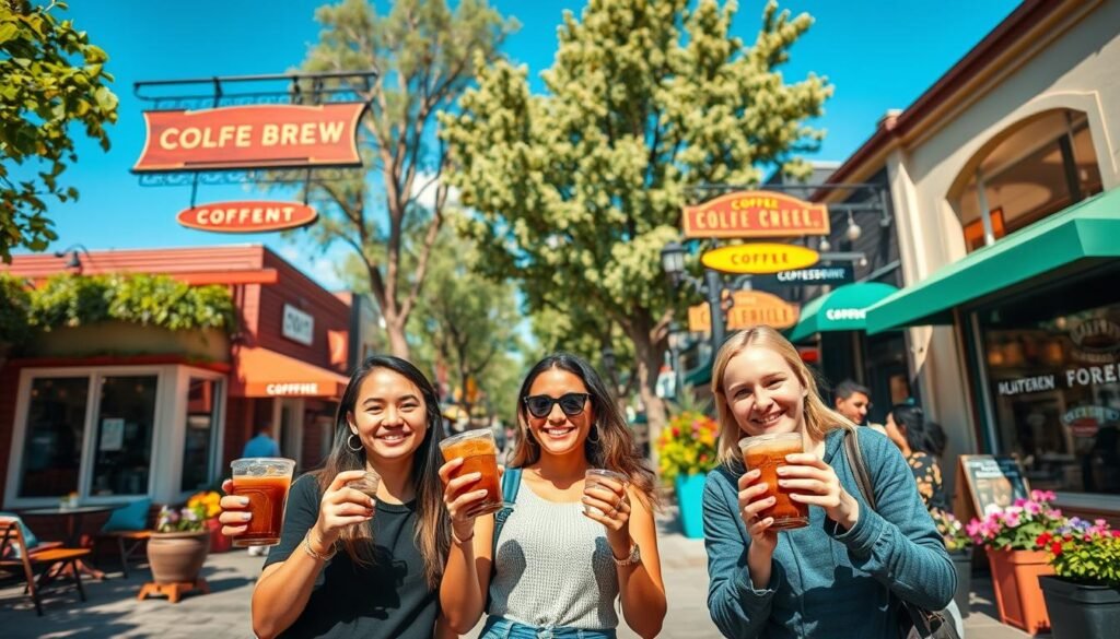 A vibrant scene depicting a cold brew coffee crawl in Walnut Creek, California. In the foreground, a small group of three friends, casually dressed in comfortable yet stylish clothing, happily savoring their iced coffee drinks from local cafés, their expressions capturing enjoyment and camaraderie. In the middle ground, a charming street lined with unique coffee shops, each showcasing outdoor seating and vibrant signs, adorned with colorful flowers and lush greenery. In the background, a sunny blue sky and tree-lined streets of Walnut Creek, suggesting a welcoming community atmosphere. Soft, warm lighting casts a pleasant glow over the scene, creating an inviting and lively ambiance. The composition is framed at eye level to enhance the intimate, engaging experience of the coffee crawl.