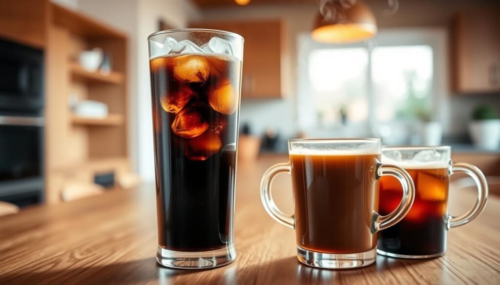 A visually engaging comparison of cold brew coffee versus traditional brewed coffee, with two clear glasses side by side. In the foreground, a tall glass of cold brew filled with ice, showcasing its rich, dark color and condensation on the glass. Next to it, a steaming cup of hot brewed coffee, showcasing its warm brown tones with aromatic steam rising. In the middle ground, a sleek, modern wooden table setting that highlights the contrast between the two beverages. The background features a softly blurred kitchen interior with warm, natural lighting streaming in from a nearby window. The atmosphere conveys a sense of warmth and discovery, inviting the viewer to explore the difference in caffeine strength between these popular coffee styles.