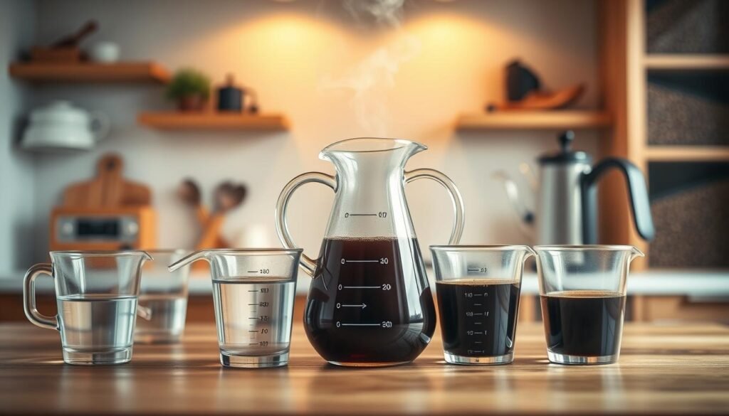 An artistic still-life composition illustrating the concept of "concentrate ratio" in cold brew coffee preparation. In the foreground, a stylish glass carafe filled with concentrated cold brew coffee sits on a wooden table, surrounded by measuring cups displaying varying amounts of water. The middle ground features a modern kitchen setup with a gentle steam rising from a kettle, emphasizing the brewing process. In the background, soft-focus shelves lined with coffee beans, blending into a warm, ambient kitchen light that conveys a cozy, inviting atmosphere. The shot is captured from a slightly elevated angle to provide depth, ensuring all elements are clearly visible, showcasing the interplay of ingredients and ratios in a creative, visually appealing manner.