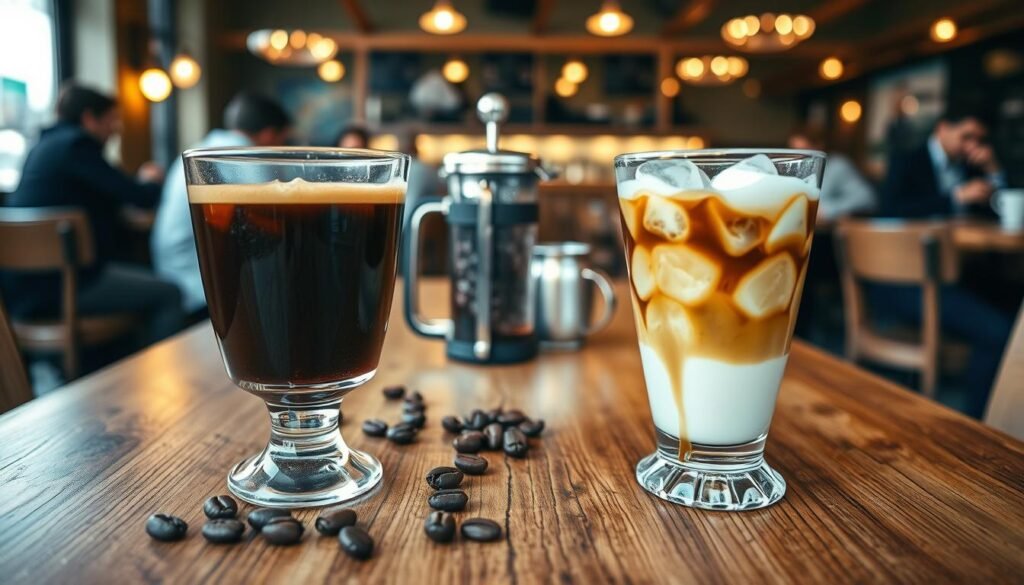 In a cozy café setting, visually compare cold brew coffee and iced coffee. In the foreground, feature two elegant glasses: one filled with smooth, dark cold brew, garnished with coffee beans, and the other with iced coffee, showcasing ice cubes and a splash of cream creating swirling patterns. In the middle ground, include the textured wooden table between the glasses, subtly decorated with coffee brewing equipment like a French press and an Aeropress. The background should have a softly blurred café ambiance, with warm lighting that creates a welcoming atmosphere, and customers in professional attire enjoying their drinks. Capture this scene with a soft focus lens to emphasize the drinks while retaining a warm, inviting feel.