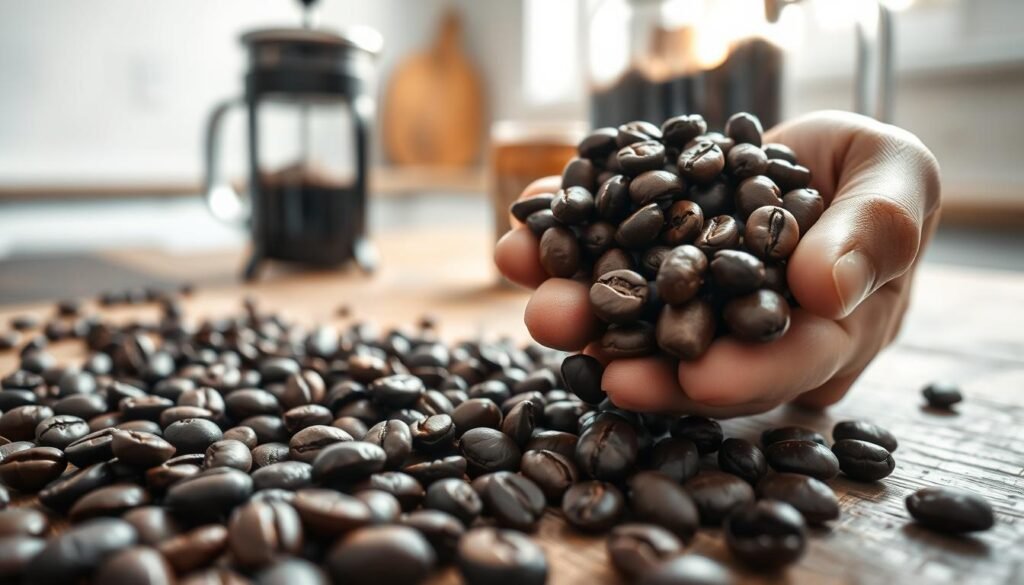 Rich, dark coffee beans scattered on a rustic wooden surface, showcasing their glossy, roasted surfaces. In the foreground, a handful of beans is held gently, emphasizing their texture and sheen. The middle ground features a French press and a clear glass jar, partially filled with ground coffee, hinting at the brewing process. A soft-focus background reveals blurred kitchen elements, perhaps a light gray wall and natural light streaming through a window, creating a warm, inviting atmosphere. The scene is illuminated by soft, diffused sunlight, enhancing the rich browns of the coffee beans and the earthy tones of the wood. Capture this image at a slight angle to draw the viewer in, evoking a sense of comfort and the anticipation of brewing a perfect cold brew at home.